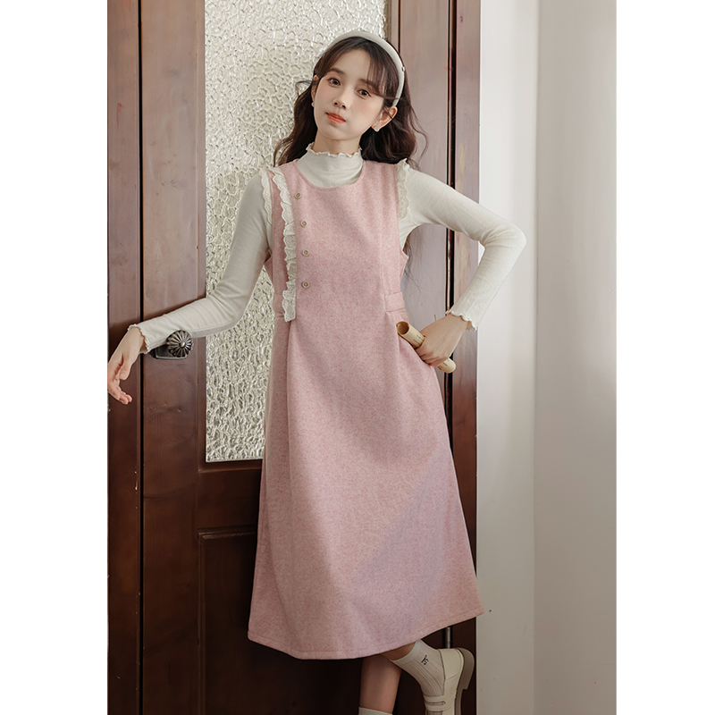 Apricot retro sweater woolen dress 2pcs set for women