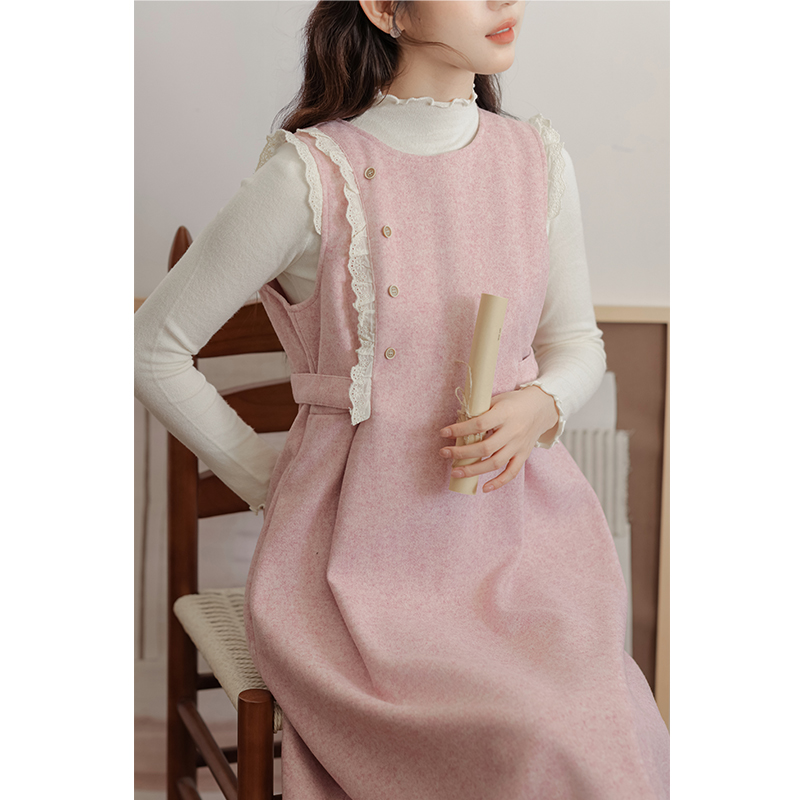 Apricot retro sweater woolen dress 2pcs set for women