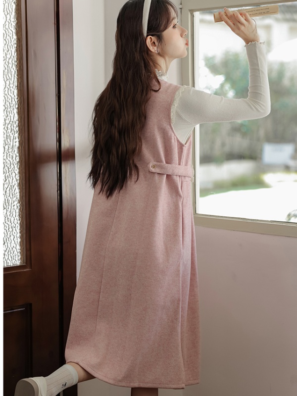 Apricot retro sweater woolen dress 2pcs set for women