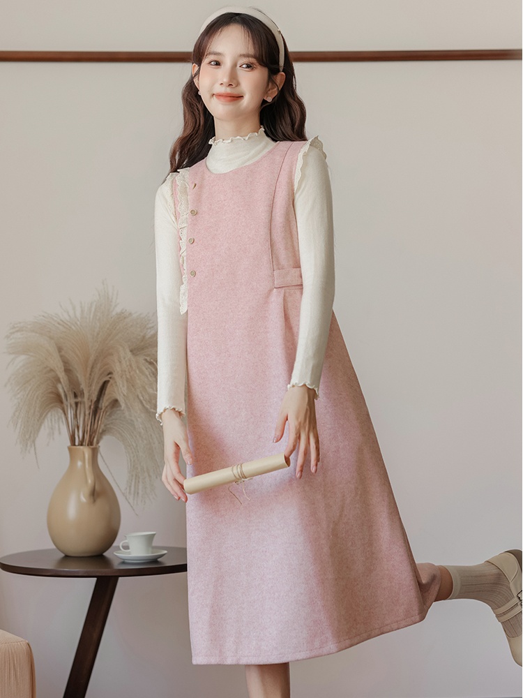 Apricot retro sweater woolen dress 2pcs set for women