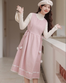 Woolen long dress autumn and winter vest 2pcs set