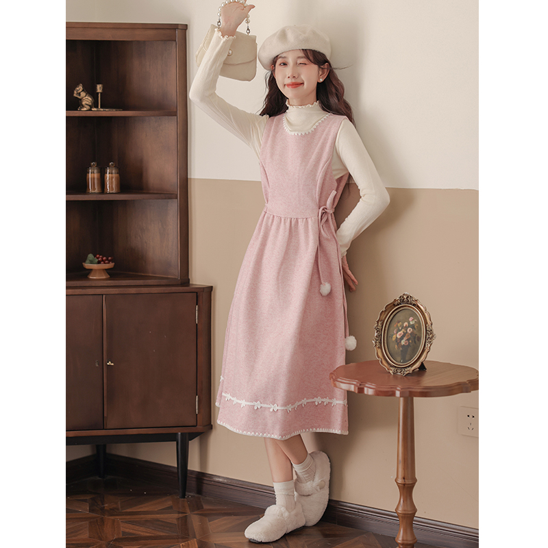 Woolen long dress autumn and winter vest 2pcs set