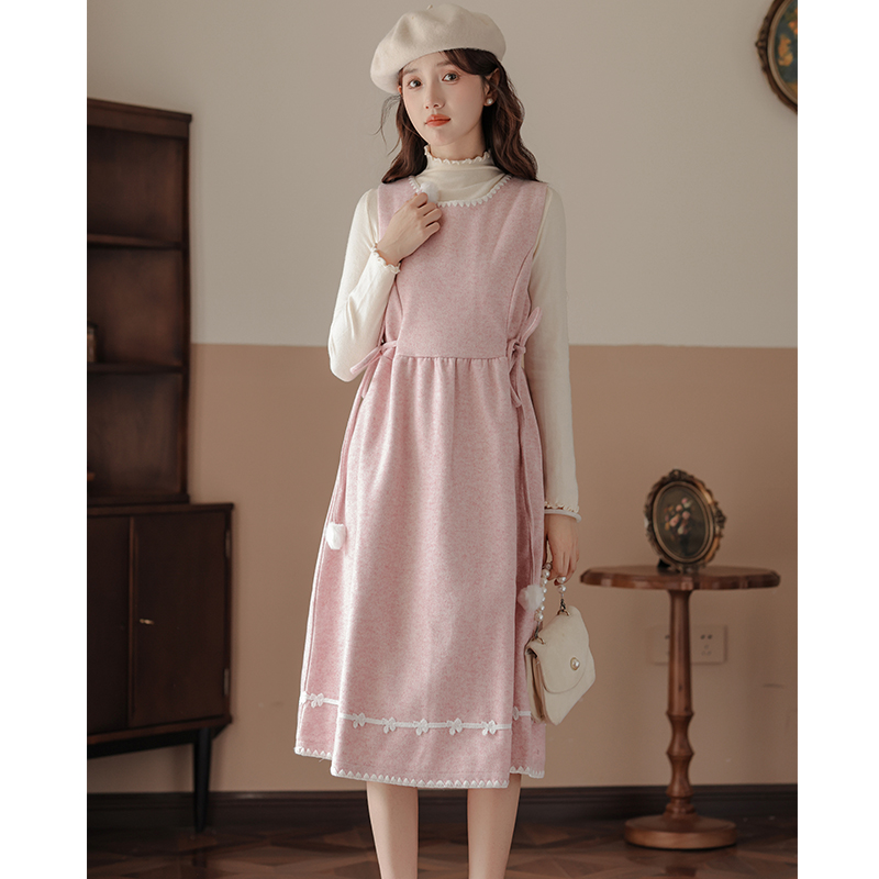 Woolen long dress autumn and winter vest 2pcs set