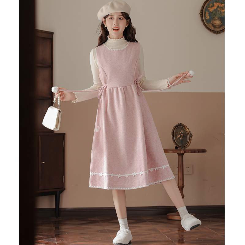 Woolen long dress autumn and winter vest 2pcs set