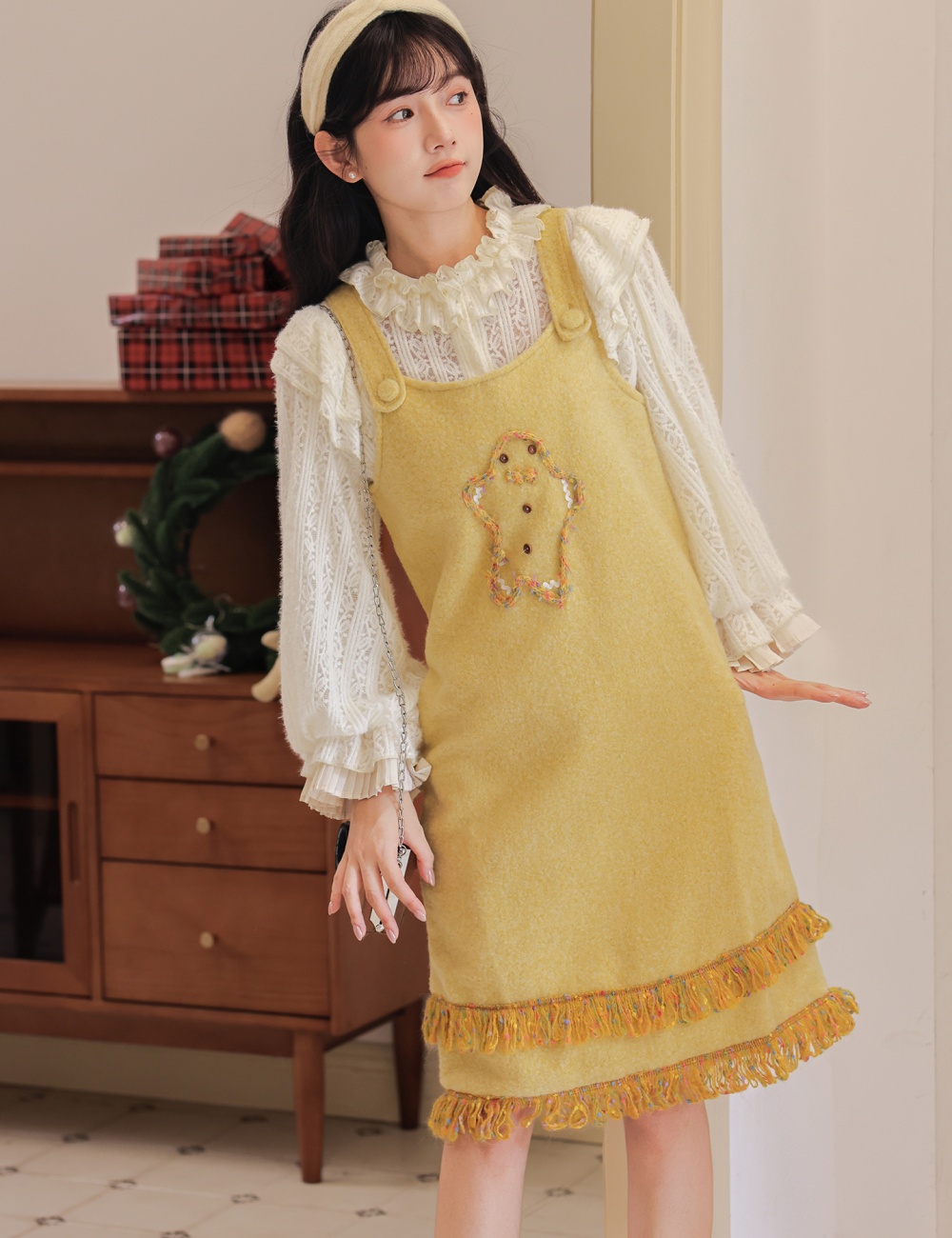 Woolen dress color point shirt 2pcs set for women