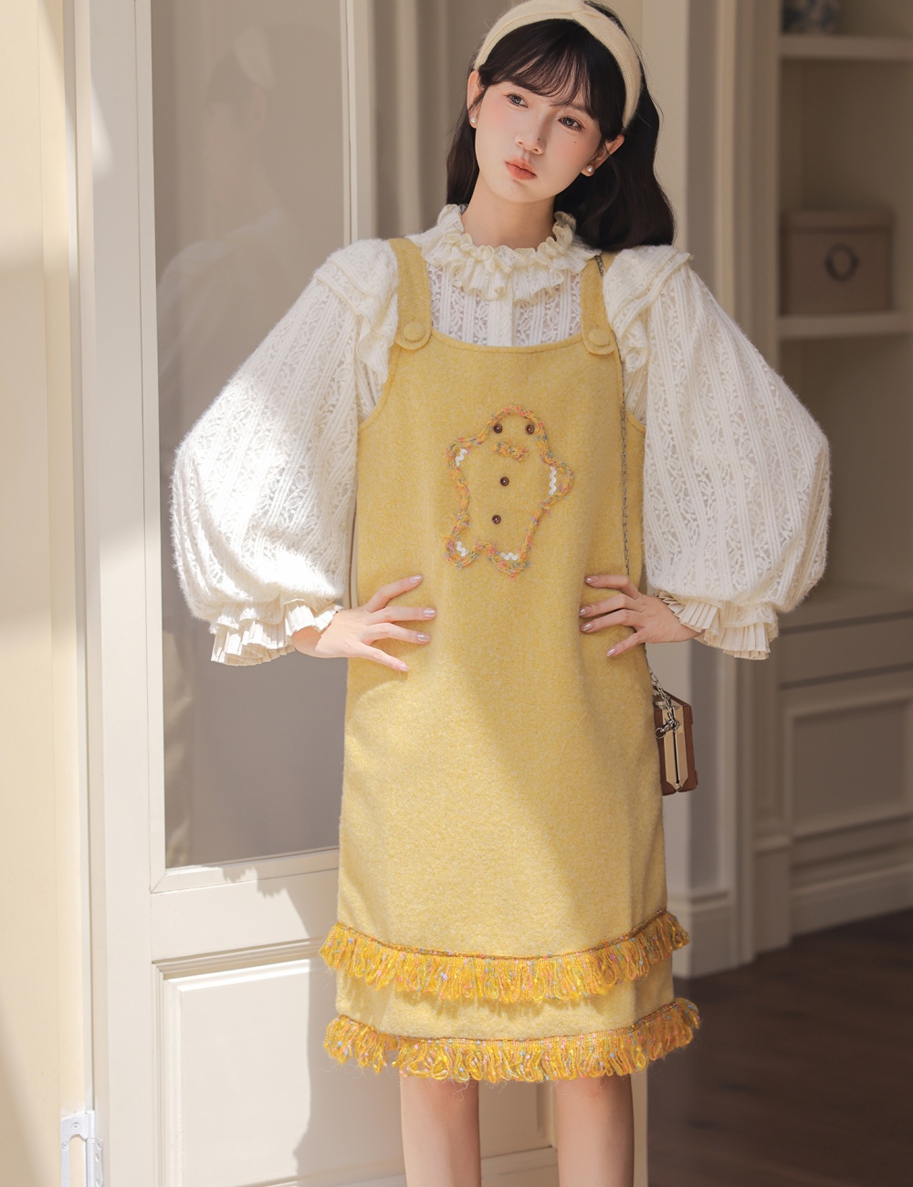 Woolen dress color point shirt 2pcs set for women
