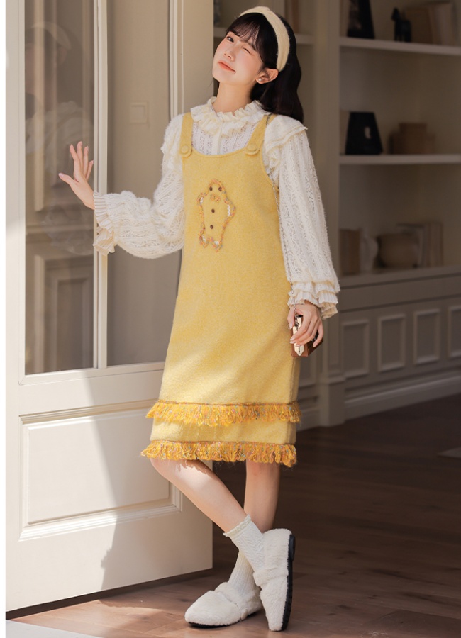 Woolen dress color point shirt 2pcs set for women