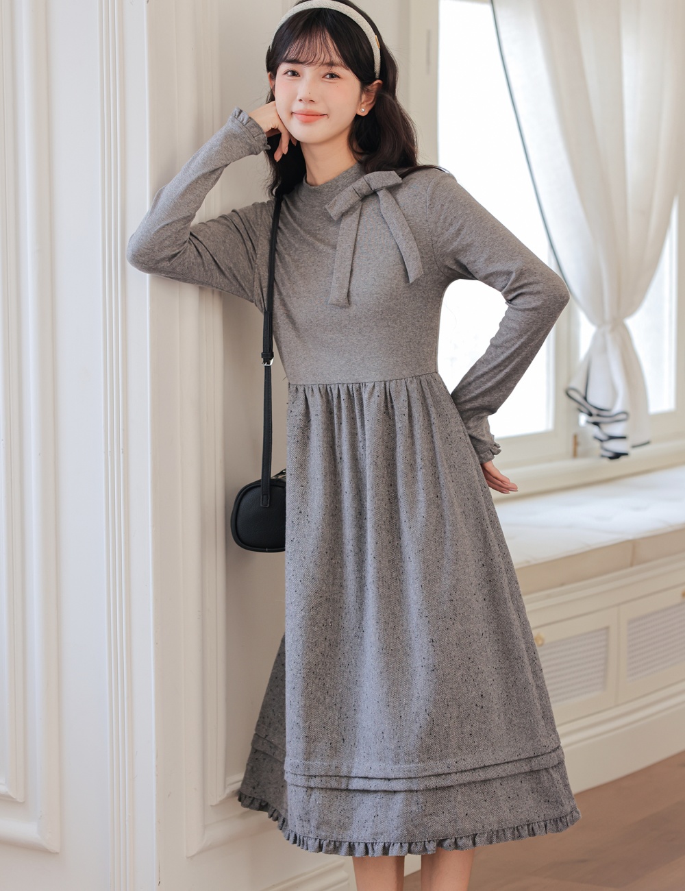 Art round neck sweet gray dress