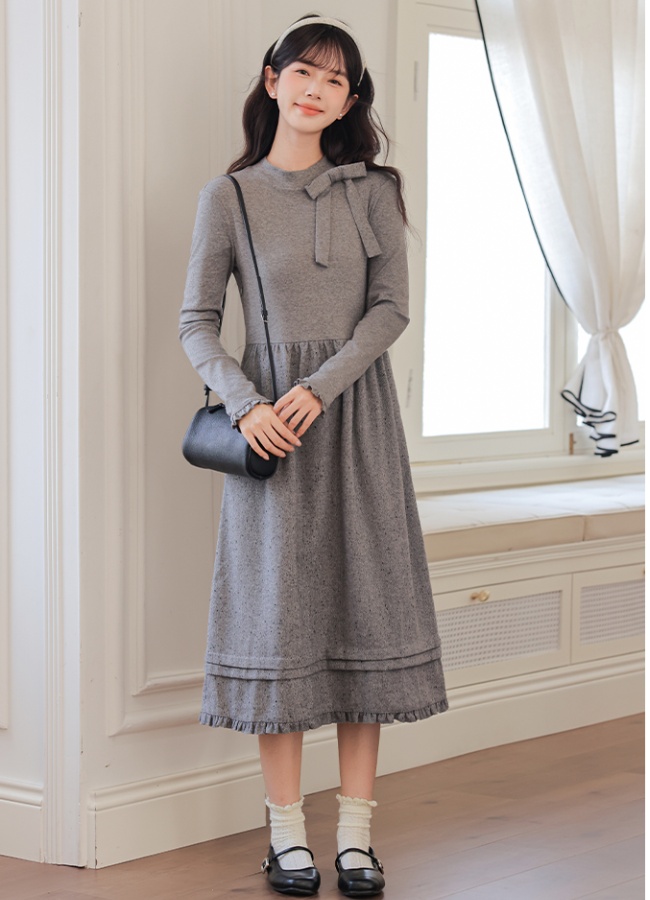 Art round neck sweet gray dress