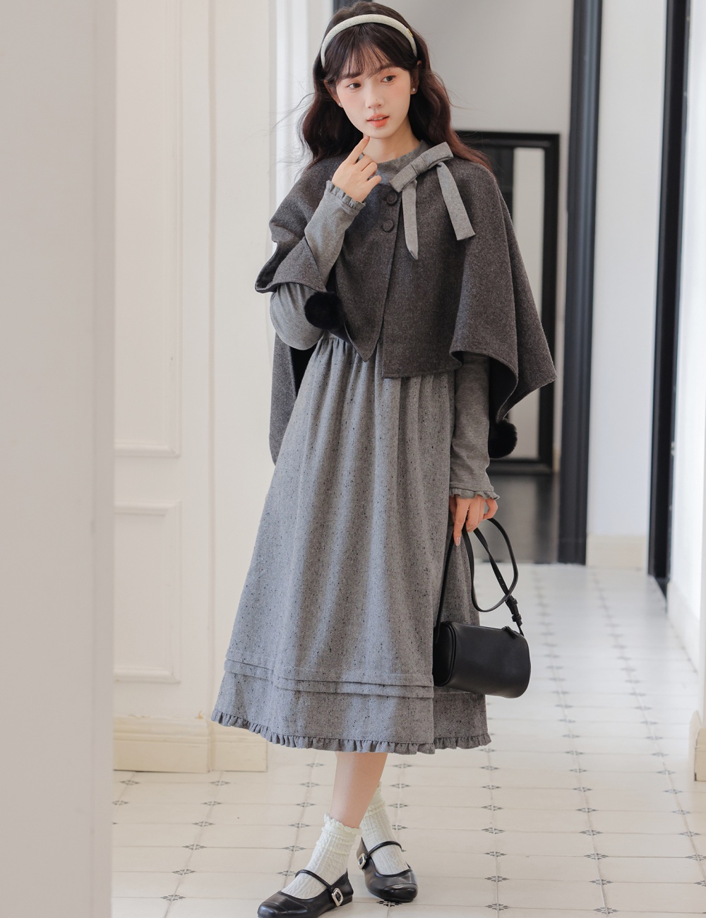 All-match gray dress wear shawl 2pcs set for women