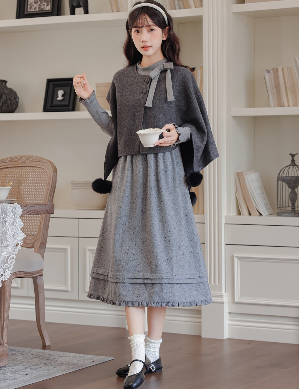All-match gray dress wear shawl 2pcs set for women