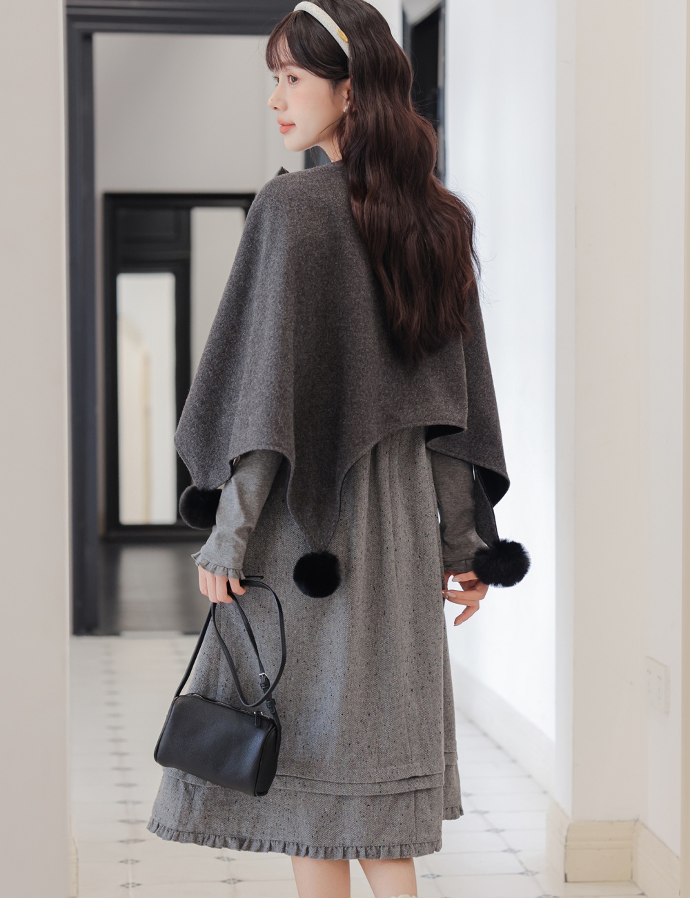 All-match gray dress wear shawl 2pcs set for women