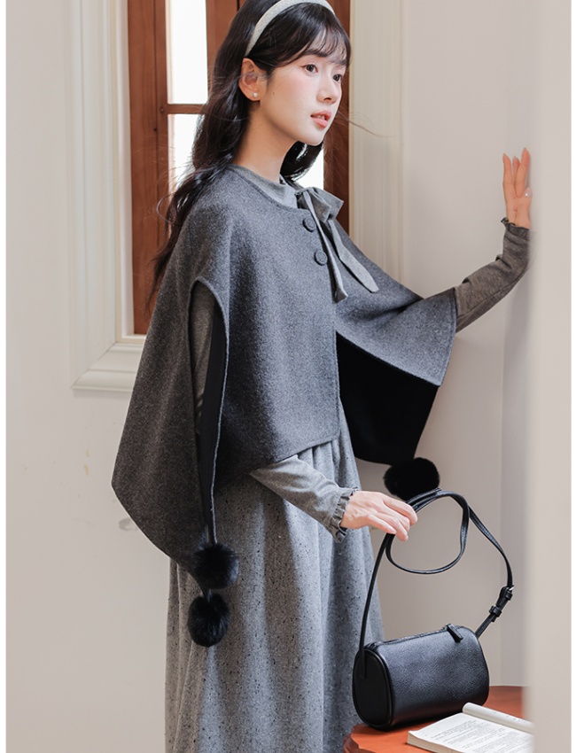 All-match gray dress wear shawl 2pcs set for women