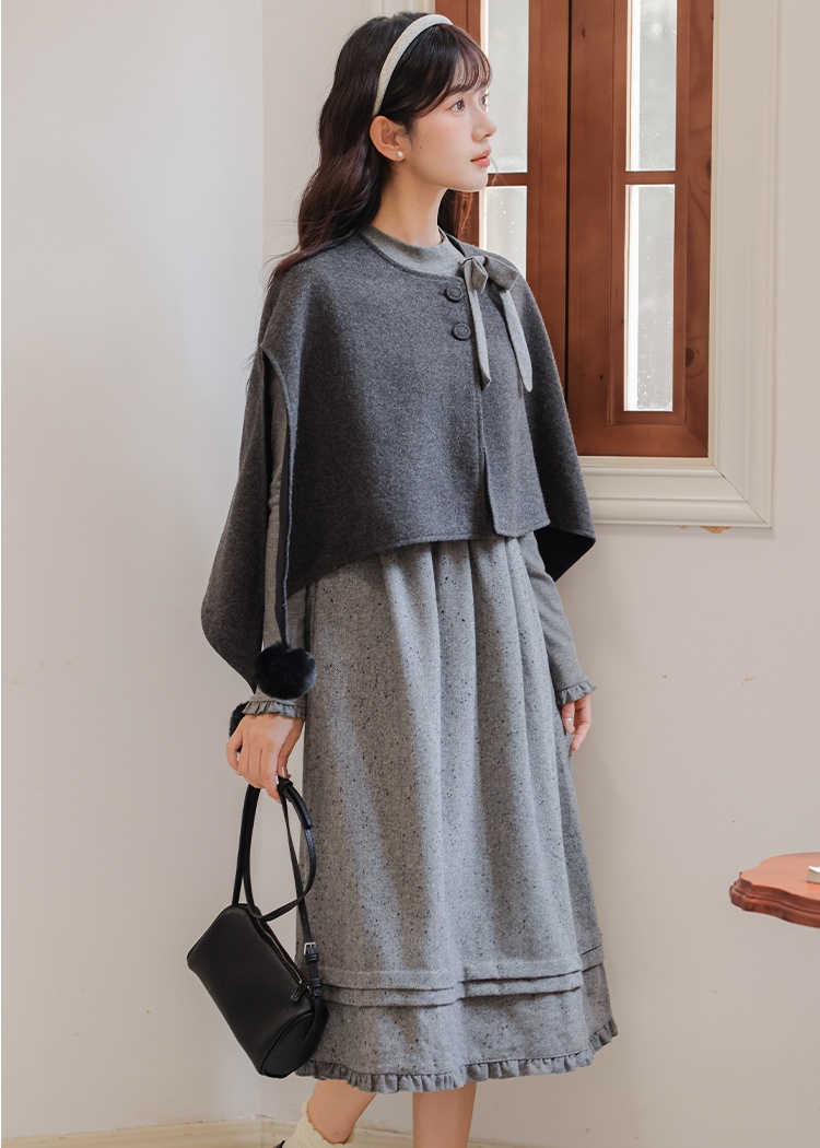 All-match gray dress wear shawl 2pcs set for women