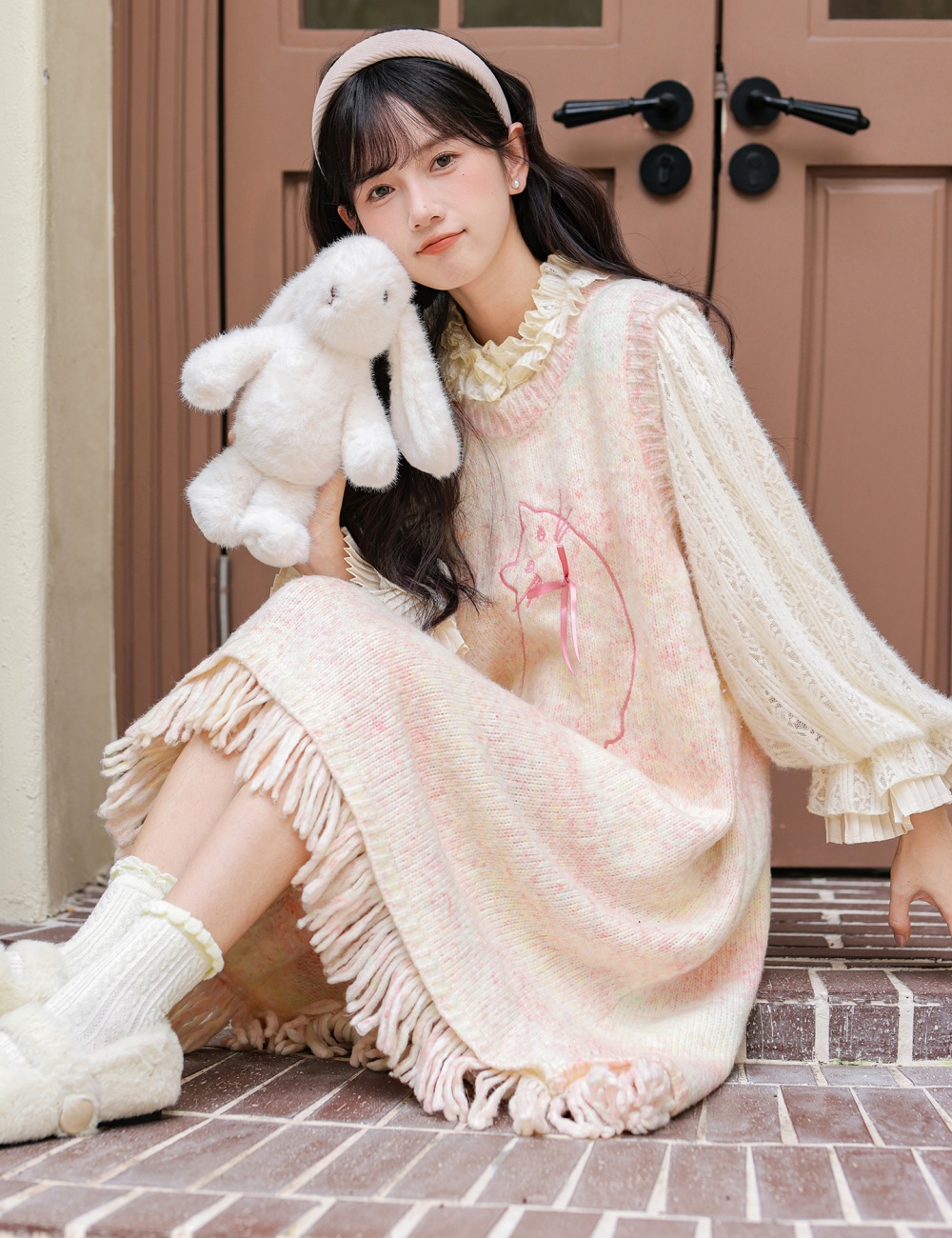 Woolen sleeveless dress sweet vest 2pcs set