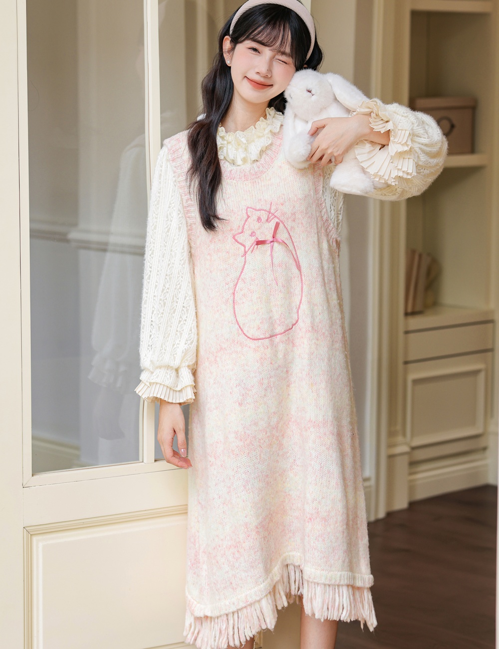 Woolen sleeveless dress sweet vest 2pcs set
