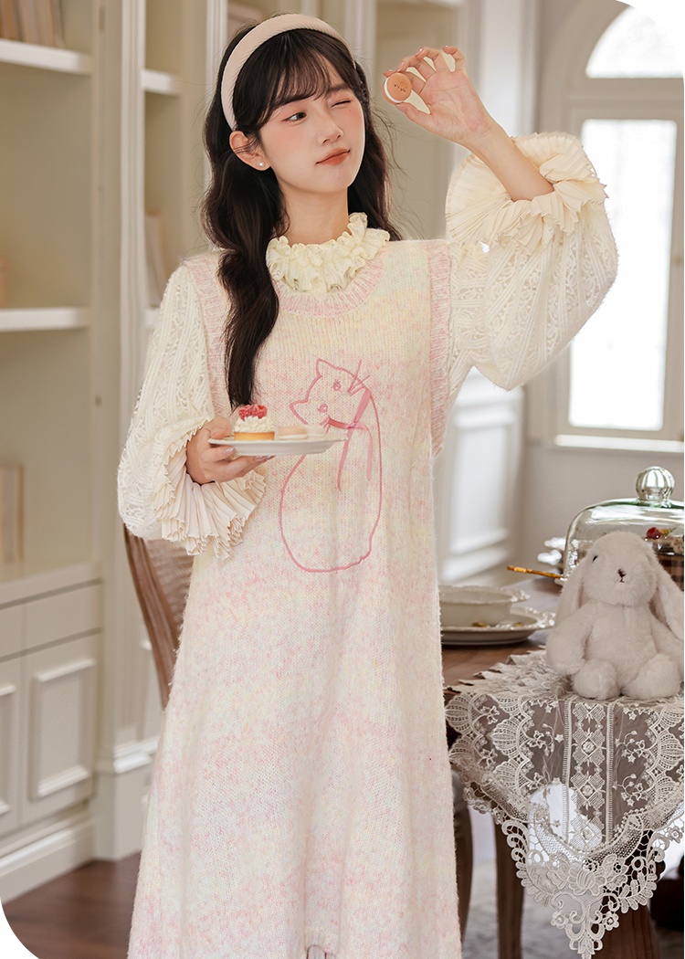Woolen sleeveless dress sweet vest 2pcs set