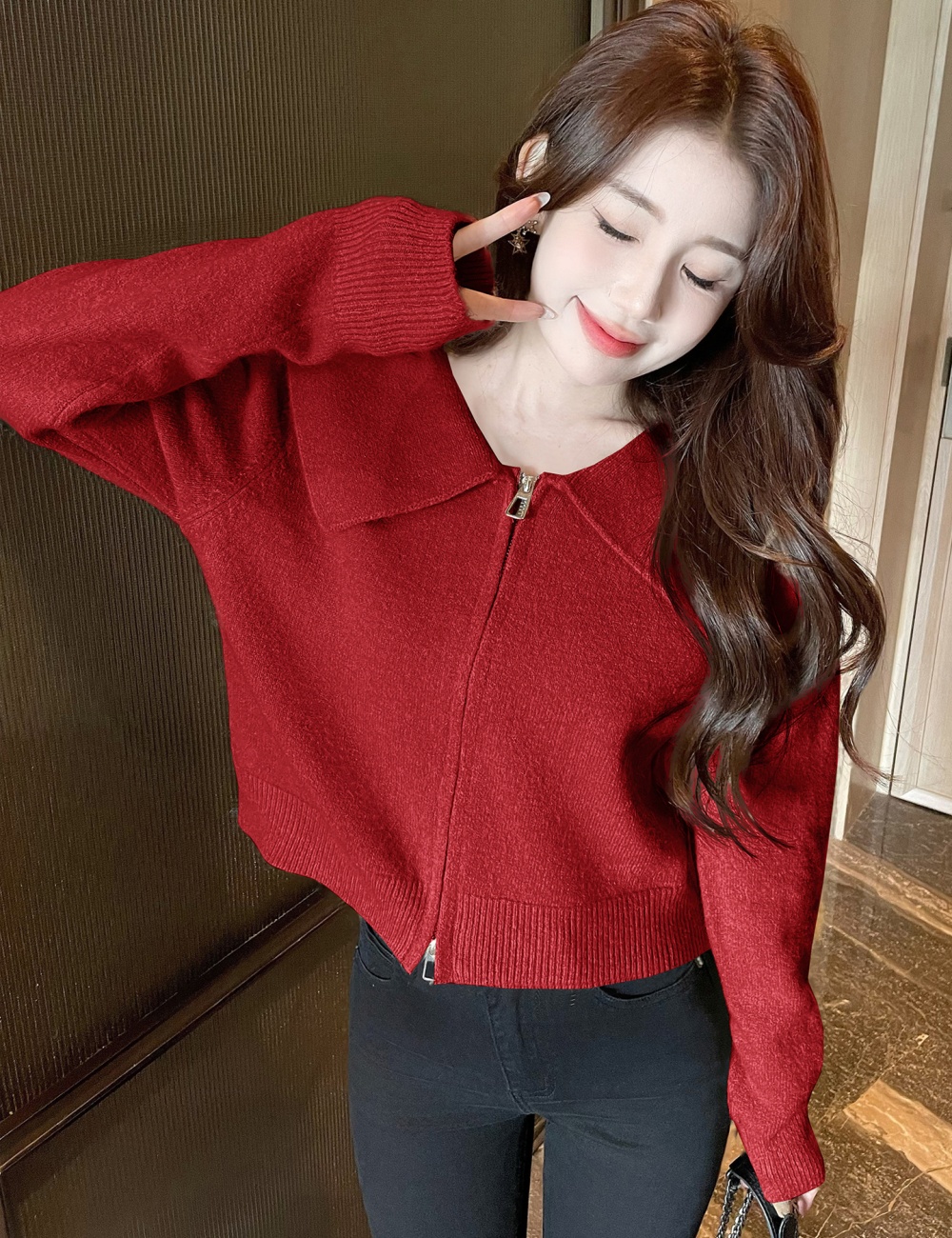 Navy collar thermal sweater all-match coat