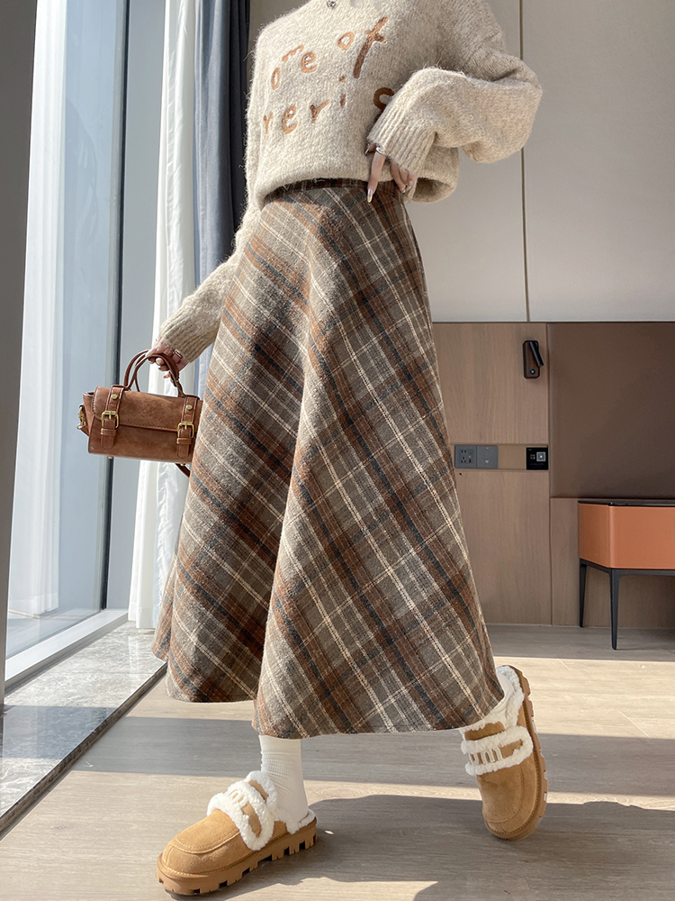 High waist thick autumn and winter retro plaid A-line skirt