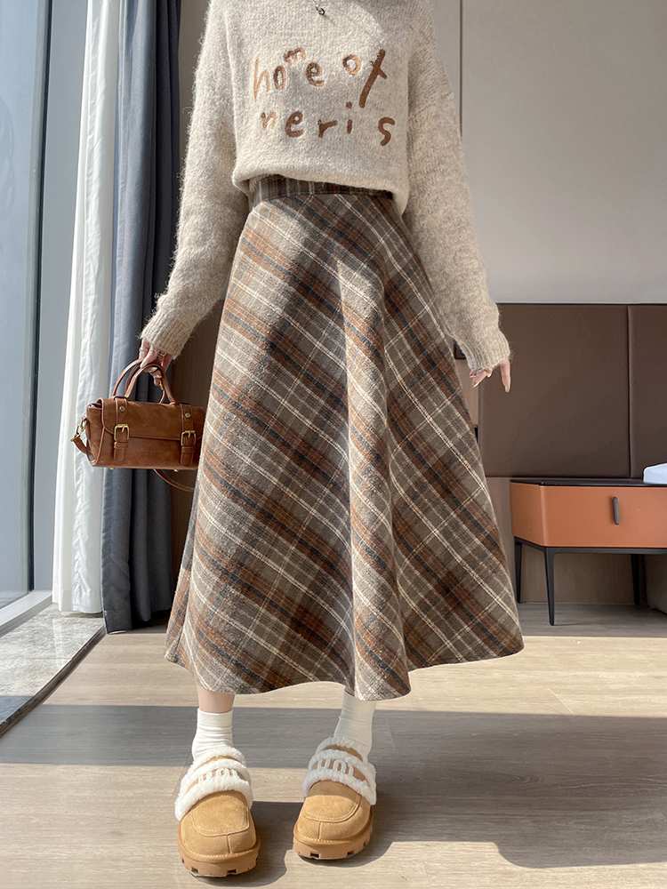 High waist thick autumn and winter retro plaid A-line skirt