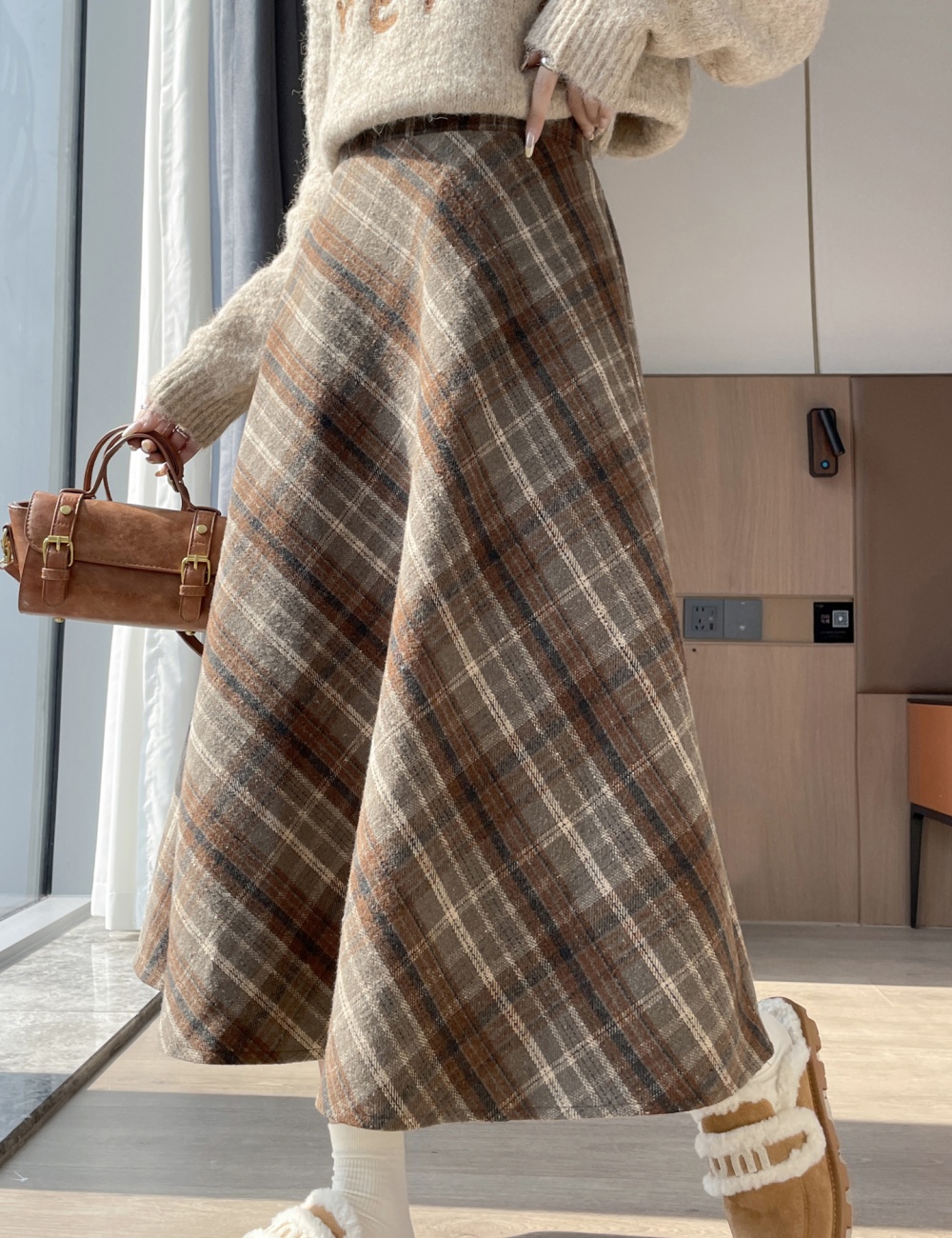High waist thick autumn and winter retro plaid A-line skirt
