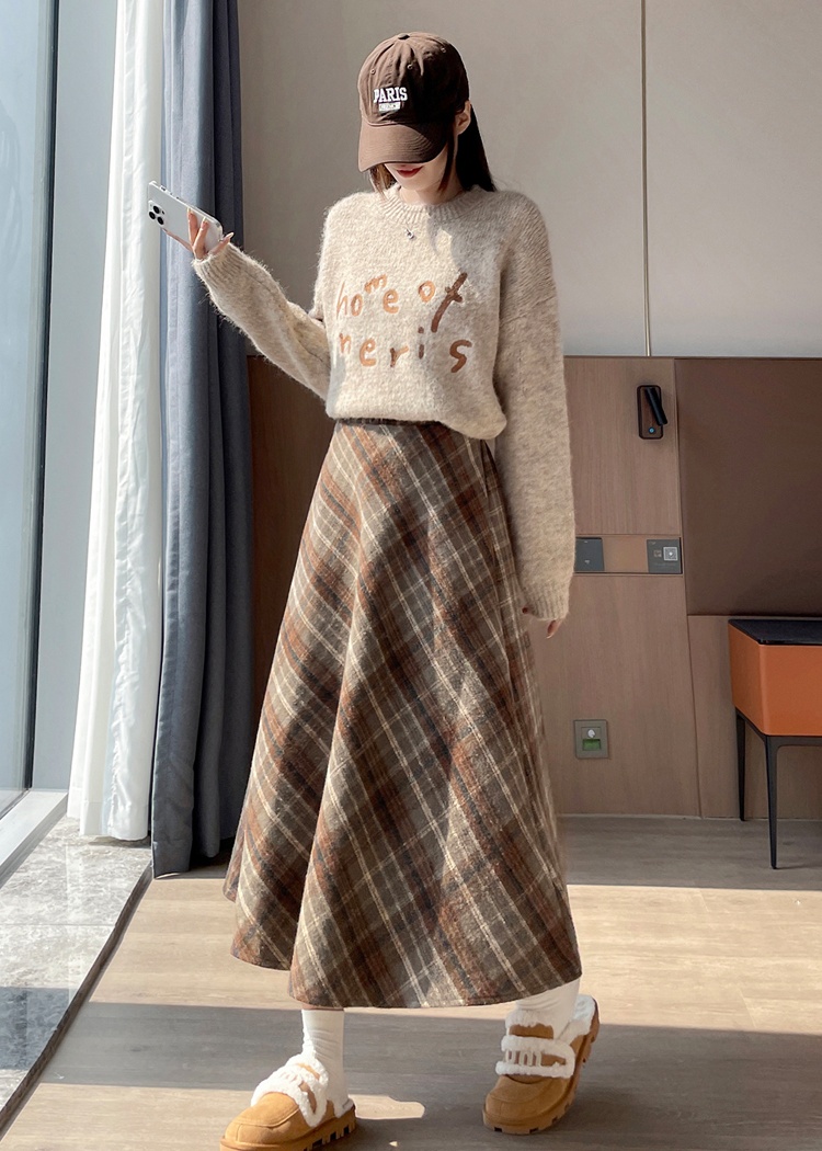 High waist thick autumn and winter retro plaid A-line skirt