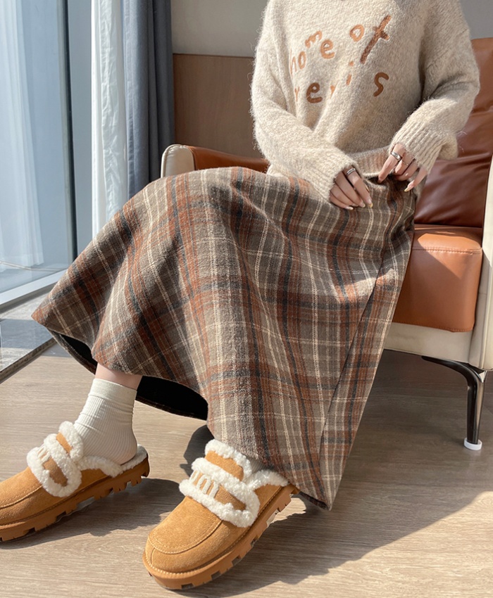 High waist thick autumn and winter retro plaid A-line skirt