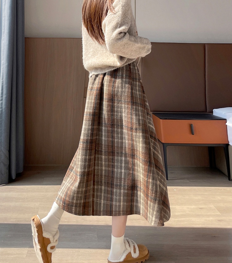 High waist thick autumn and winter retro plaid A-line skirt