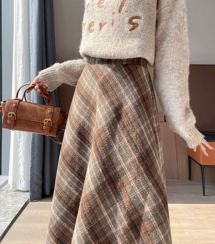 High waist thick autumn and winter retro plaid A-line skirt