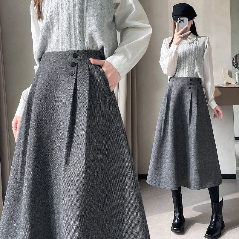 Retro gray Hepburn style spring thick skirt