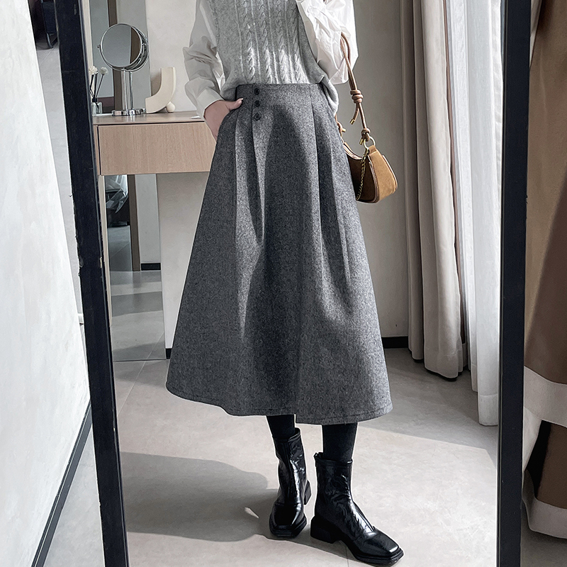 Retro gray Hepburn style spring thick skirt