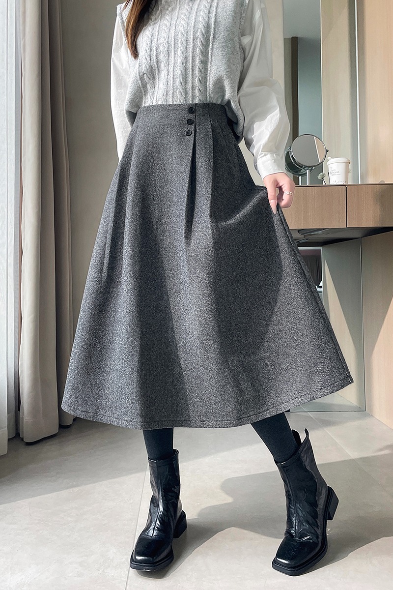 Retro gray Hepburn style spring thick skirt