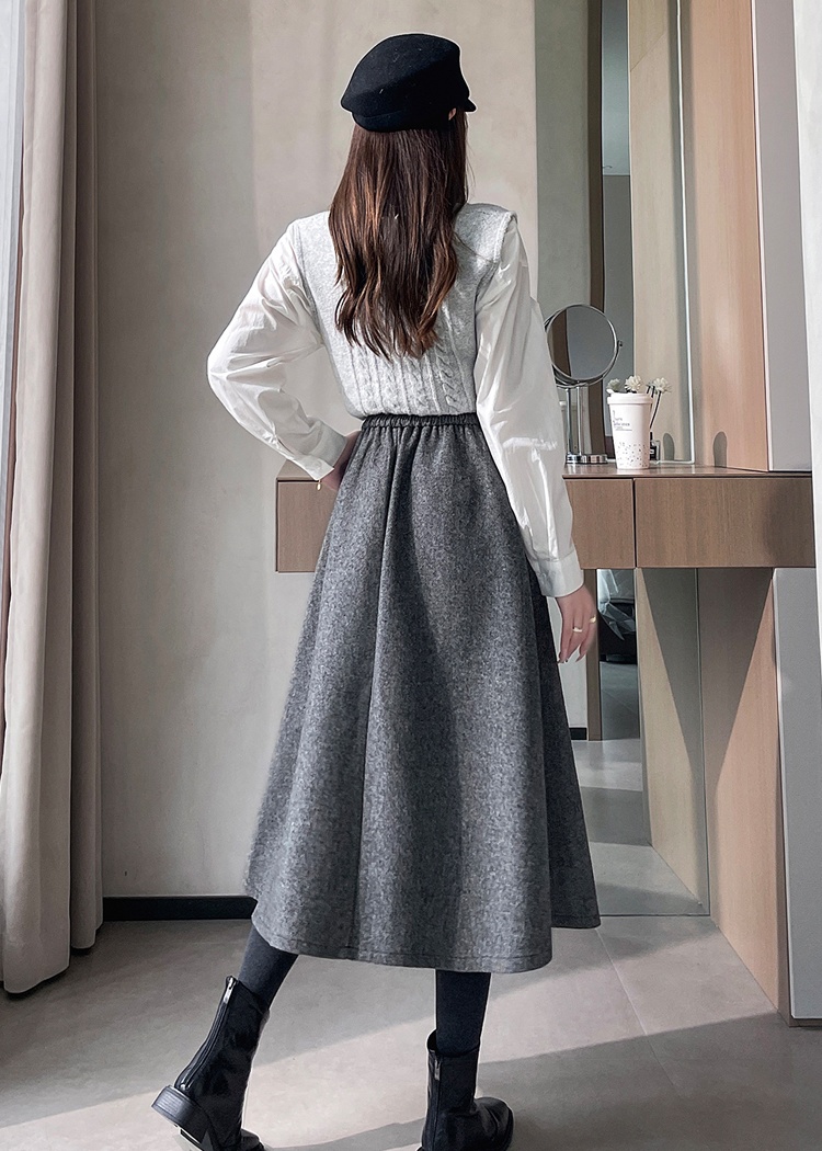 Retro gray Hepburn style spring thick skirt