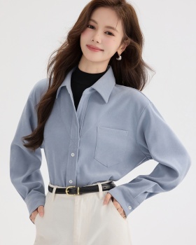 Blue autumn and winter tops Pseudo-two long sleeve shirt