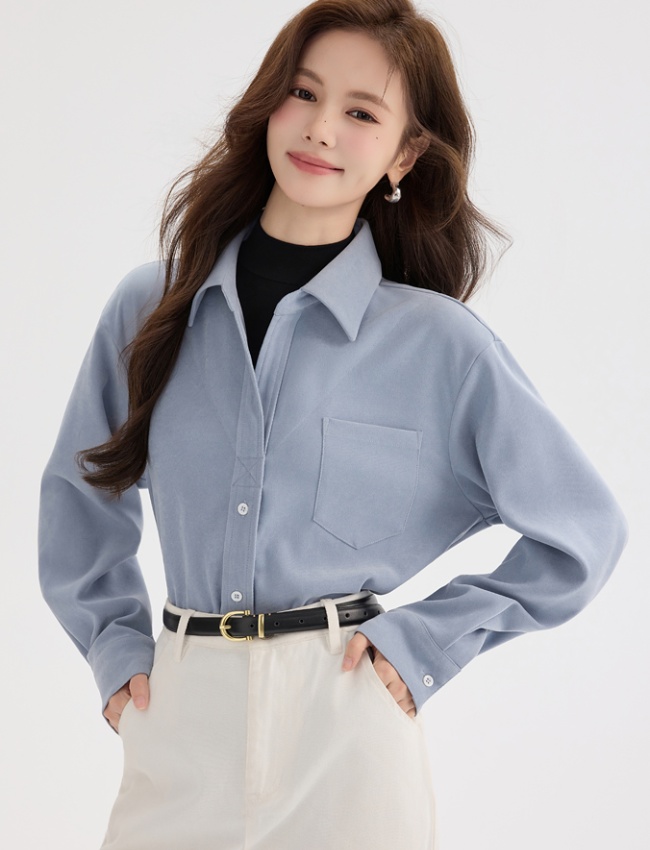 Blue autumn and winter tops Pseudo-two long sleeve shirt