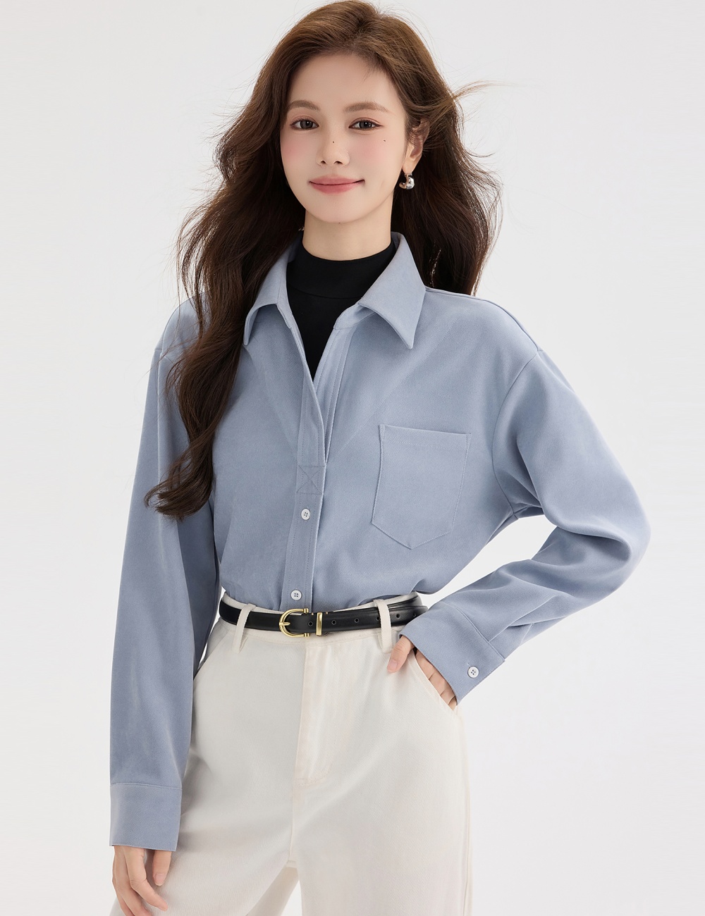 Blue autumn and winter tops Pseudo-two long sleeve shirt