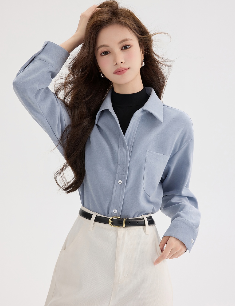 Blue autumn and winter tops Pseudo-two long sleeve shirt