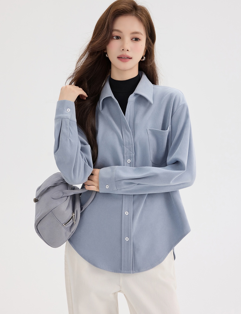 Blue autumn and winter tops Pseudo-two long sleeve shirt