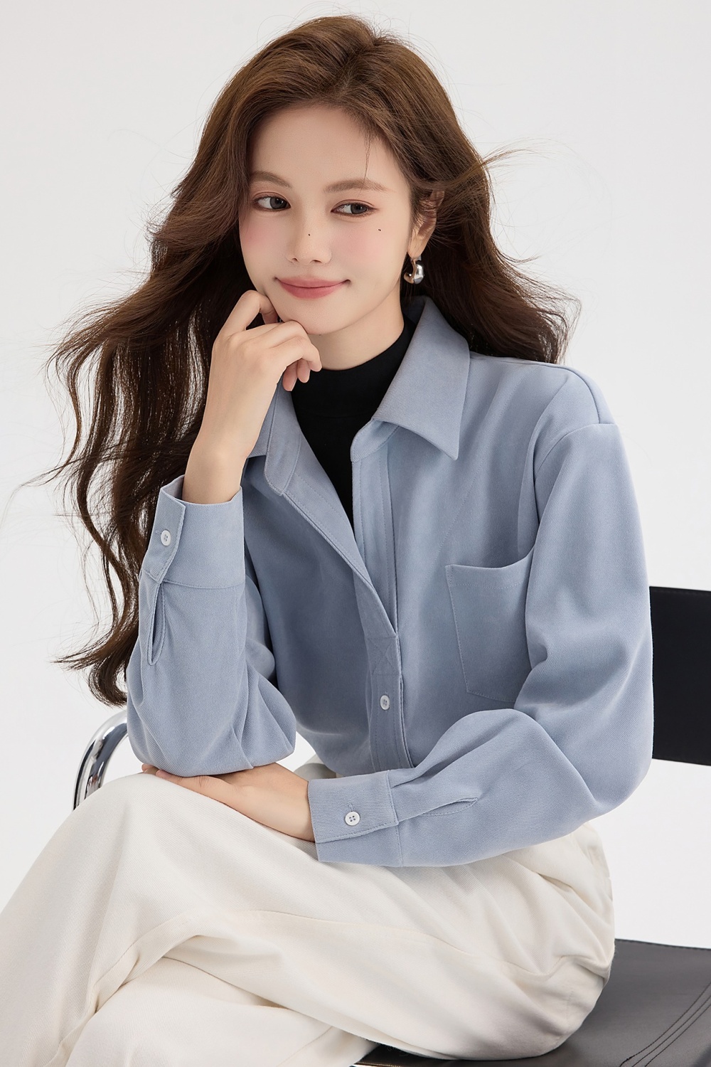 Blue autumn and winter tops Pseudo-two long sleeve shirt