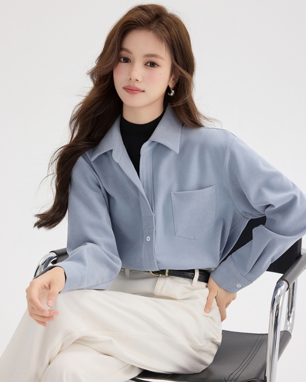 Blue autumn and winter tops Pseudo-two long sleeve shirt
