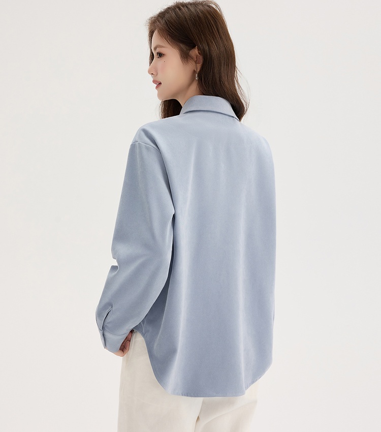 Blue autumn and winter tops Pseudo-two long sleeve shirt