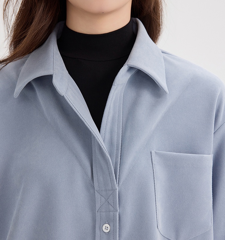 Blue autumn and winter tops Pseudo-two long sleeve shirt