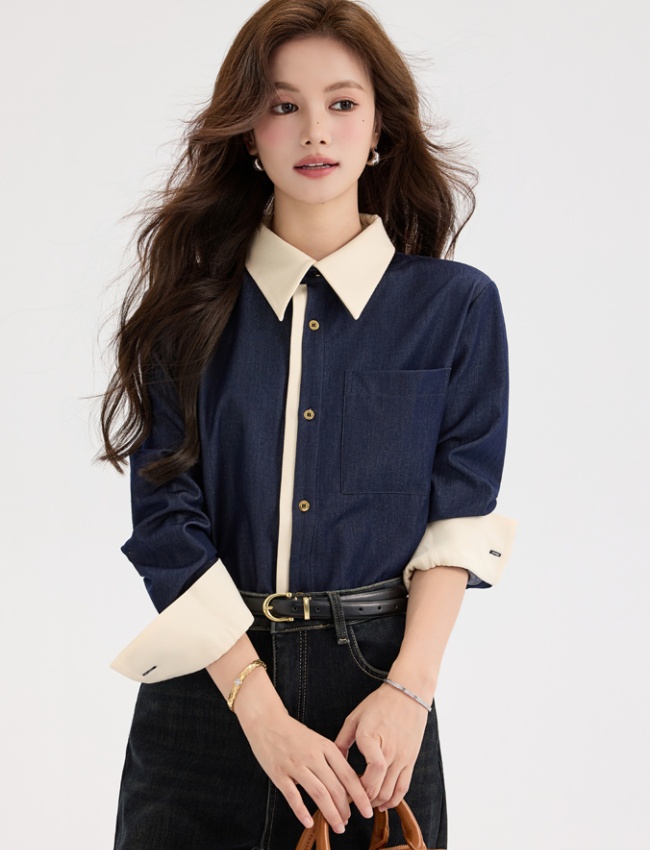 All-match denim retro shirt niche mixed colors tops