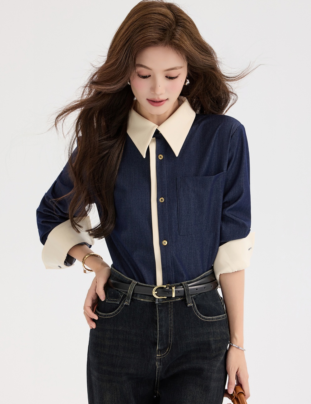 All-match denim retro shirt niche mixed colors tops