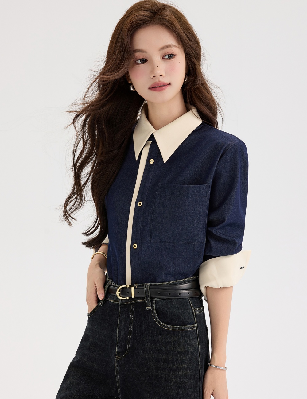 All-match denim retro shirt niche mixed colors tops