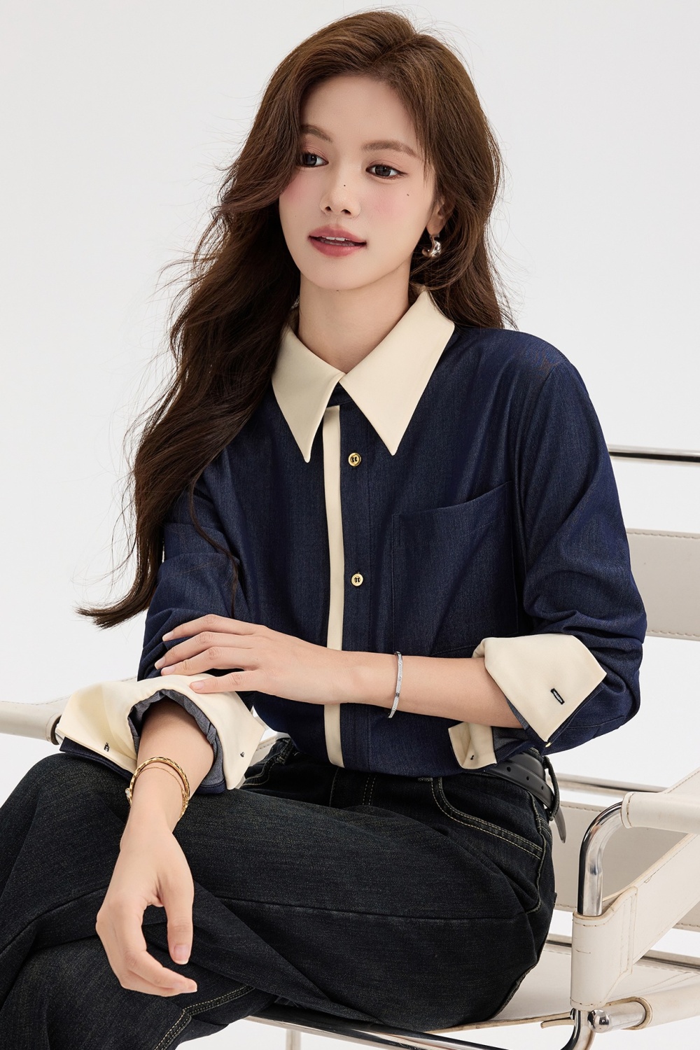 All-match denim retro shirt niche mixed colors tops