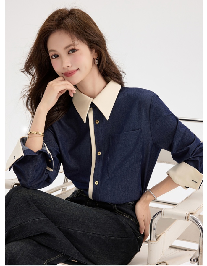 All-match denim retro shirt niche mixed colors tops