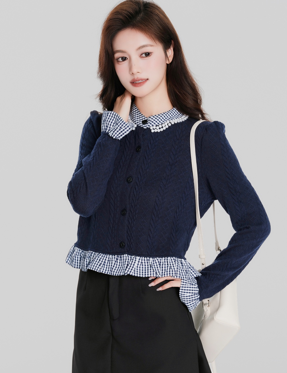 Lotus leaf edges mixed colors tops long sleeve cardigan