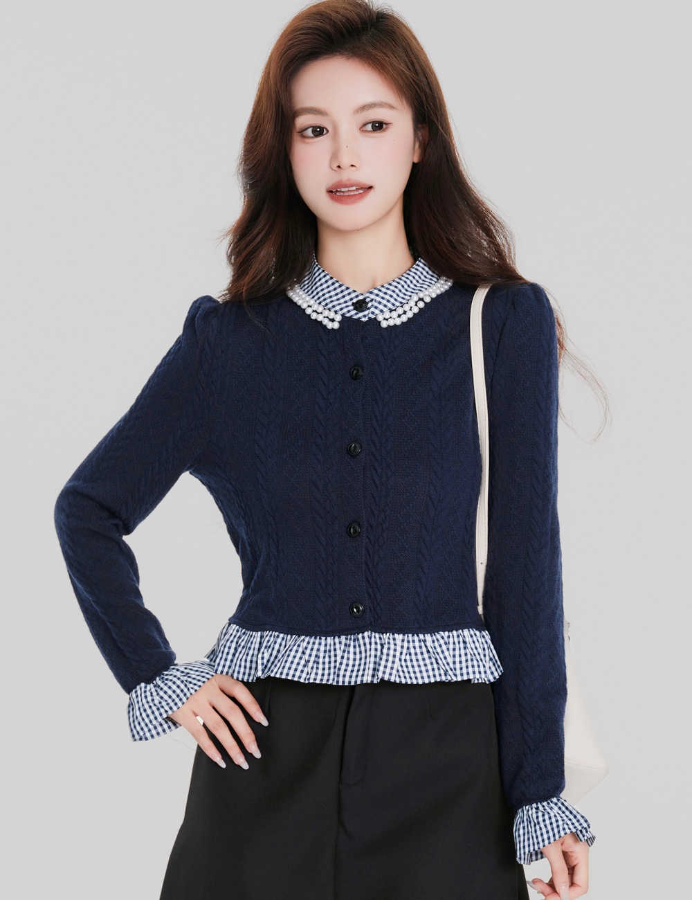 Lotus leaf edges mixed colors tops long sleeve cardigan