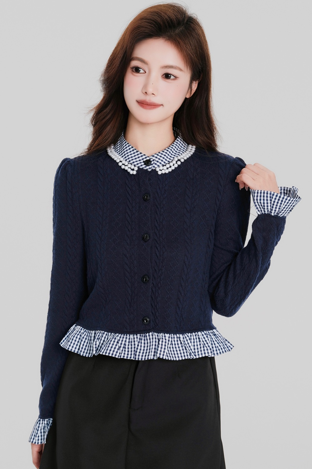 Lotus leaf edges mixed colors tops long sleeve cardigan